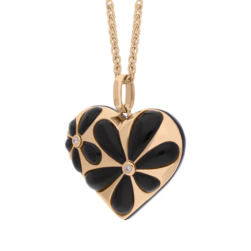 18ct Rose Gold Whitby Jet Diamond Heart Flower Necklace D
