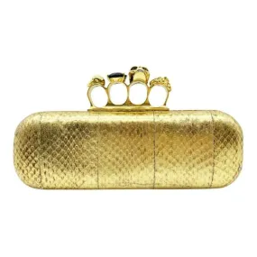 Alexander McQueen Knuckle Duster Metallic Skull Gold Snakeskin Leather Clutch