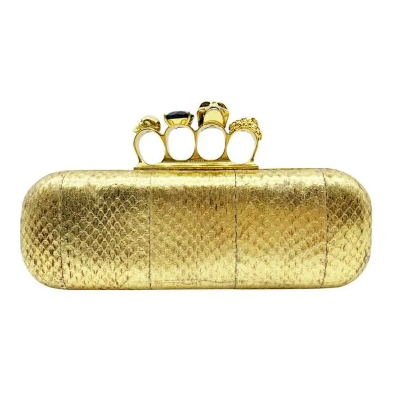 Alexander McQueen Knuckle Duster Metallic Skull Gold Snakeskin Leather Clutch