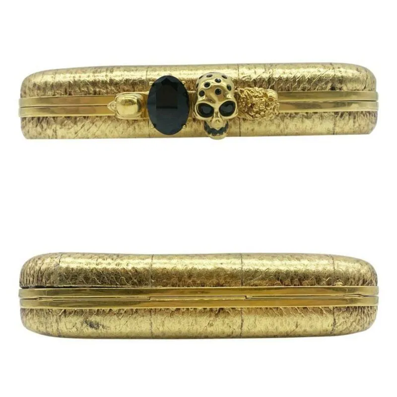 Alexander McQueen Knuckle Duster Metallic Skull Gold Snakeskin Leather Clutch