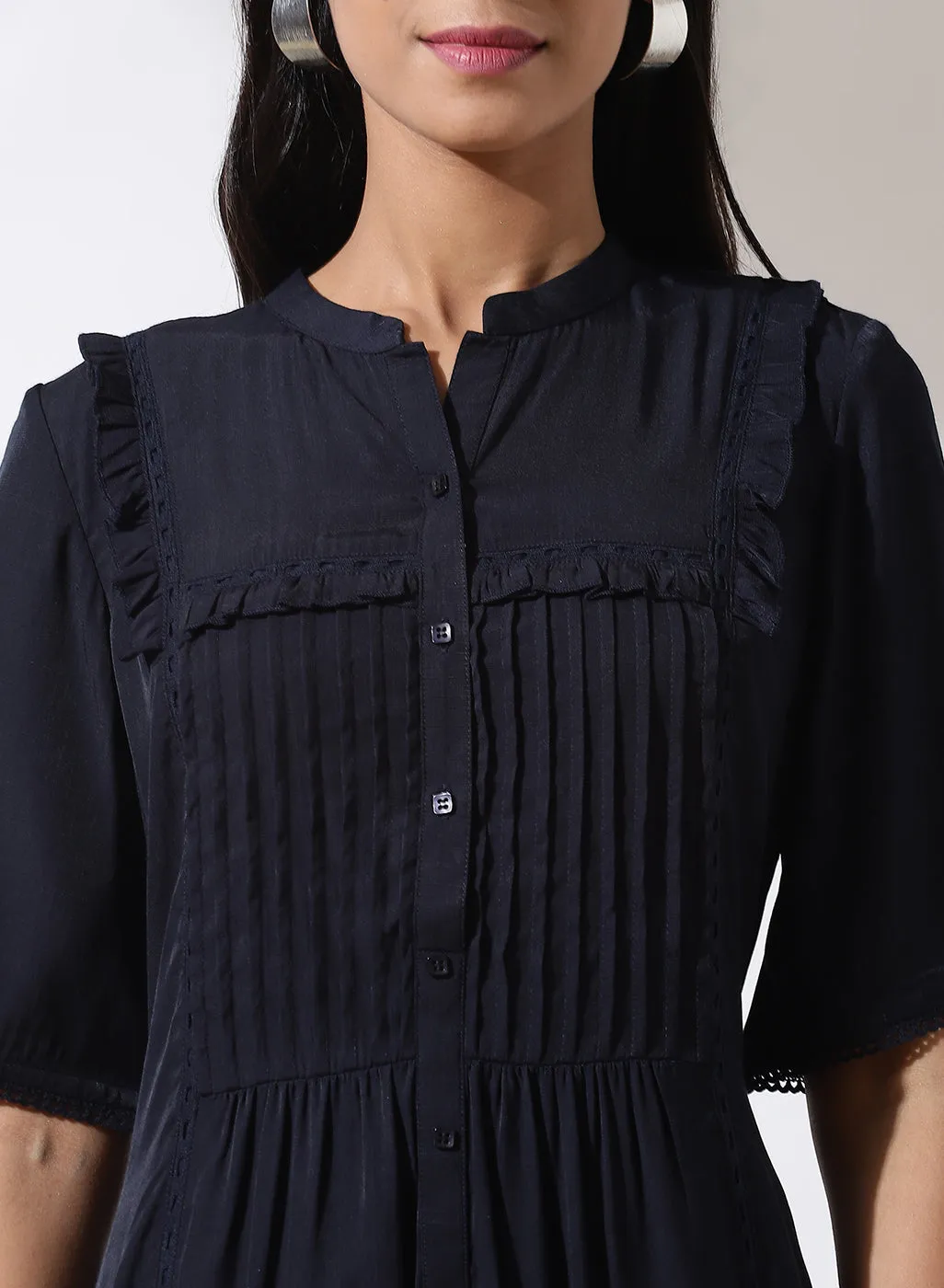 Blue Solid Dress with Button Closure