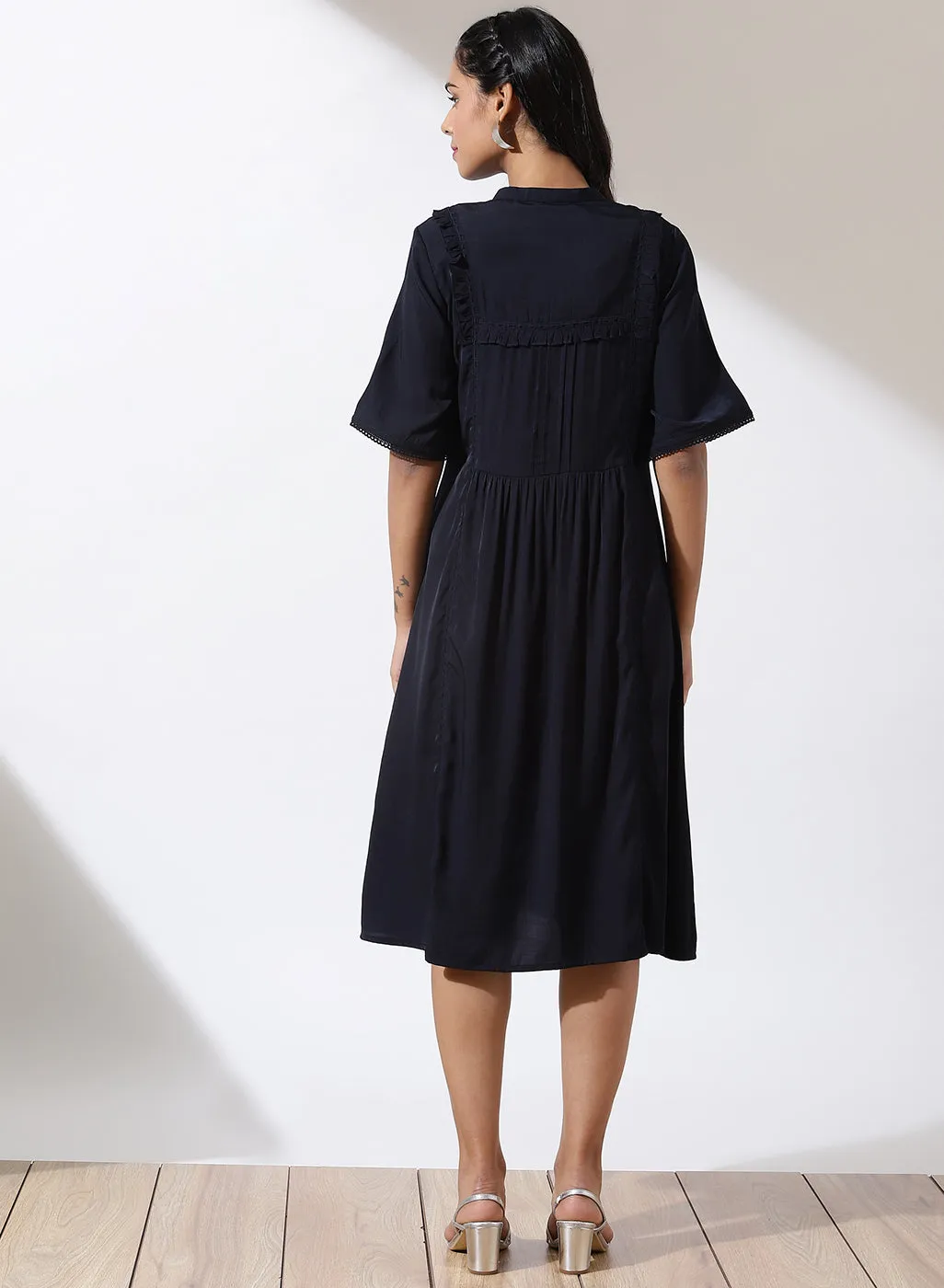 Blue Solid Dress with Button Closure