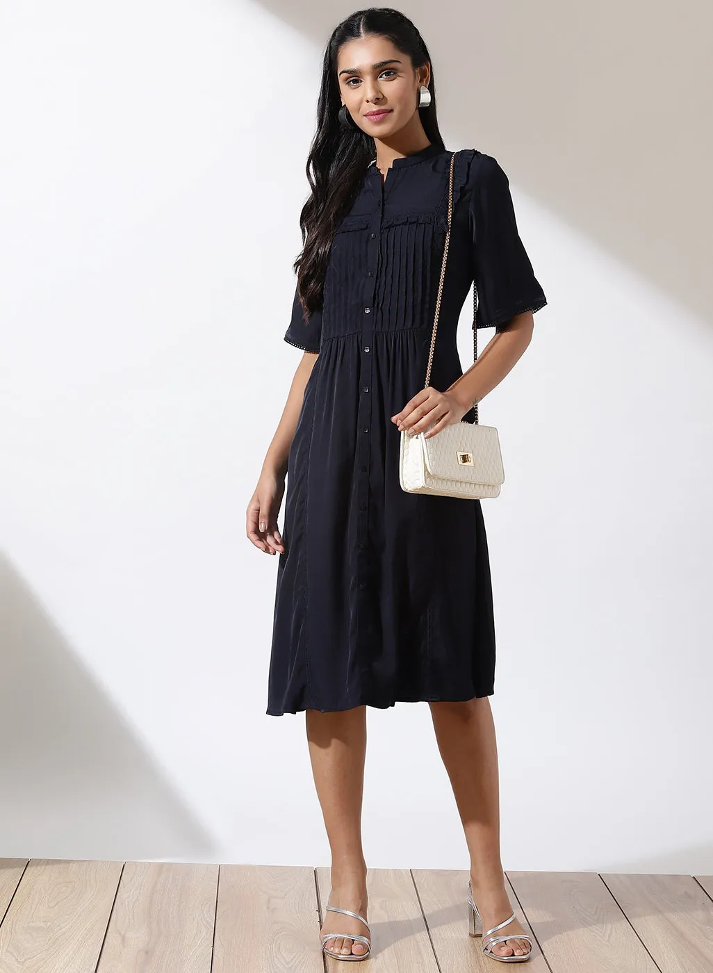 Blue Solid Dress with Button Closure