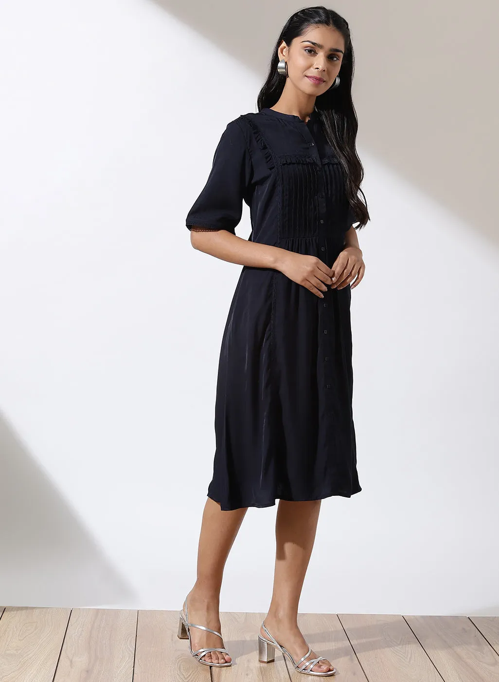 Blue Solid Dress with Button Closure