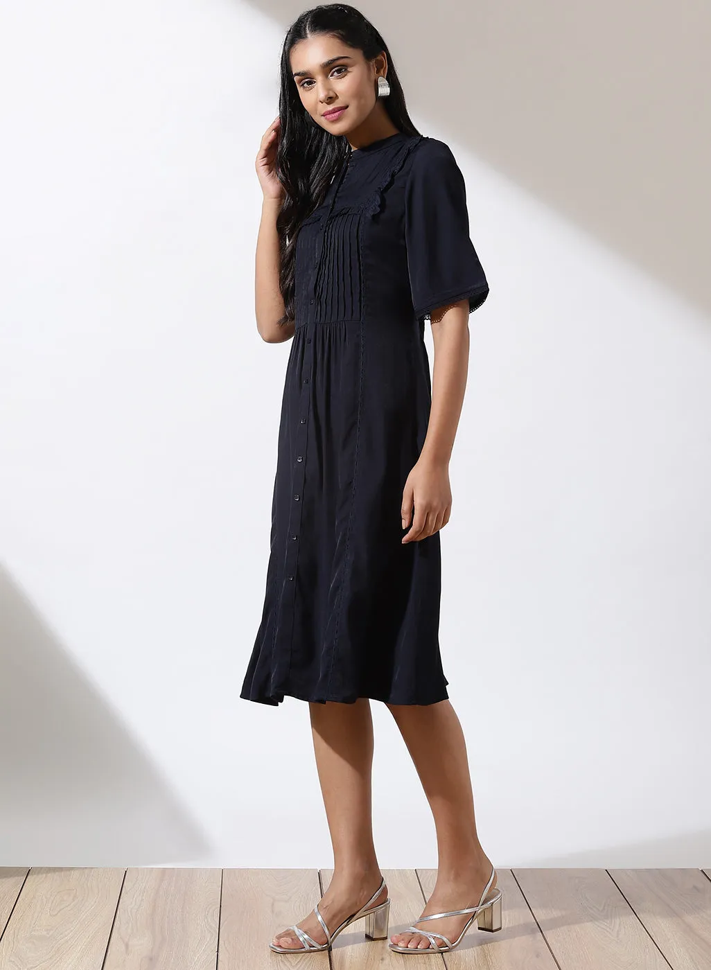 Blue Solid Dress with Button Closure