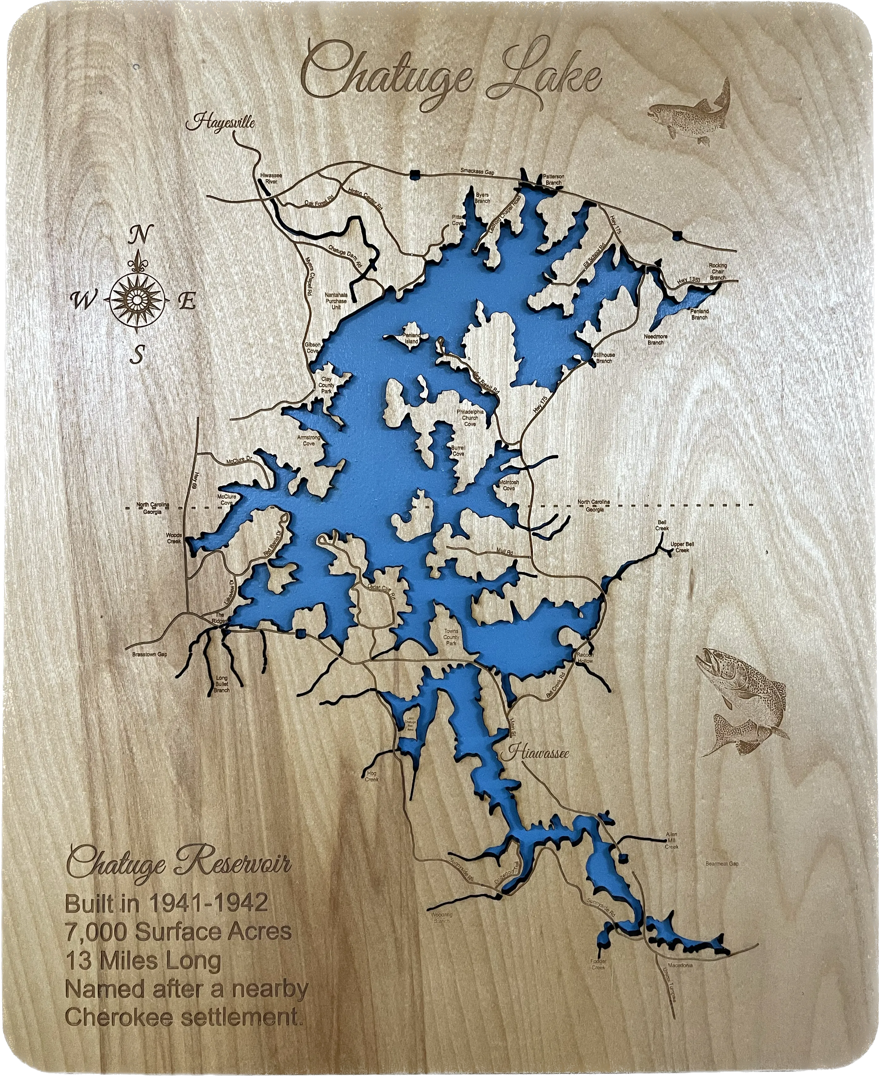 Chatuge Lake, NC & GA - Laser Engraved Wood Map Overflow Sale Special