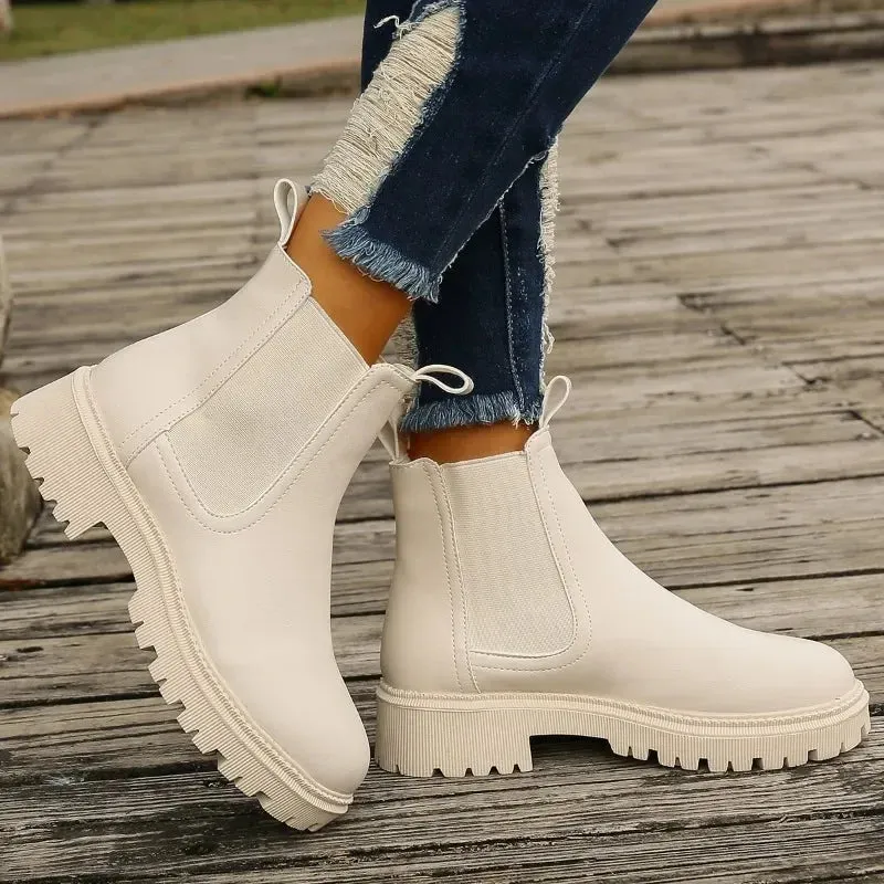 Chelsea Boots Women 2023 New Winter Fashion Round Toed Warm Ankle Boots Women PU Leather Platform Shoes for Women Zapatos