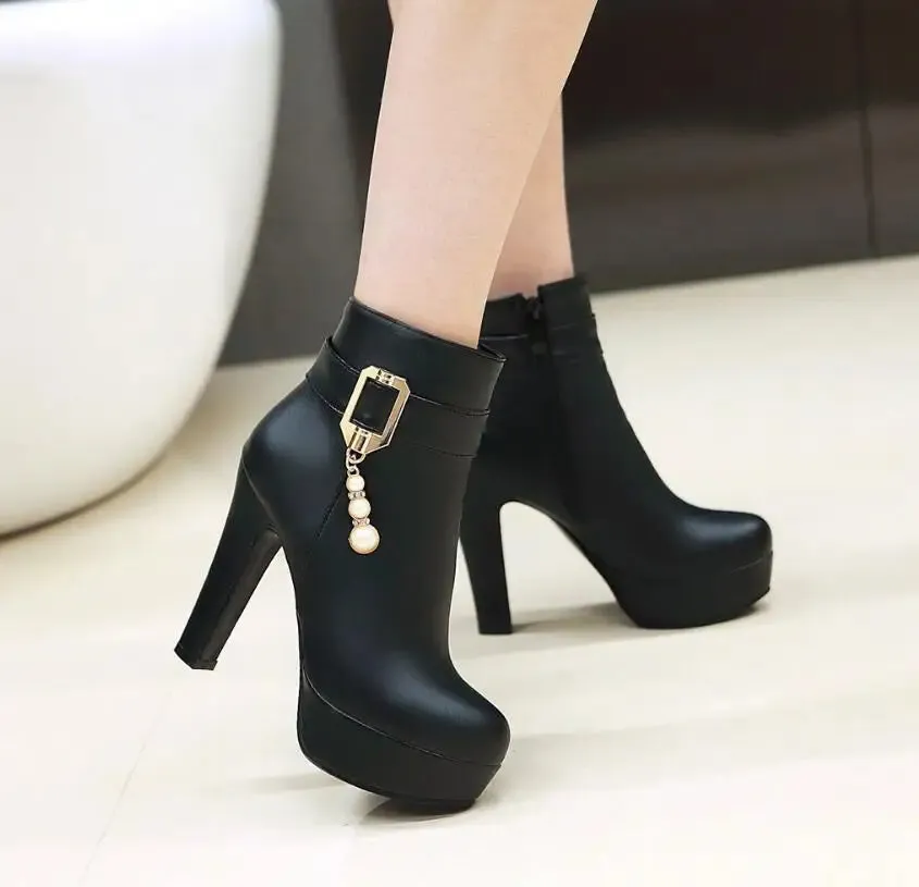 Fashion Spring Autumn Boots Women Ankle Winter Shoes Women Square Heel Leather Boots Women eaded chain belt buckle ankle boots