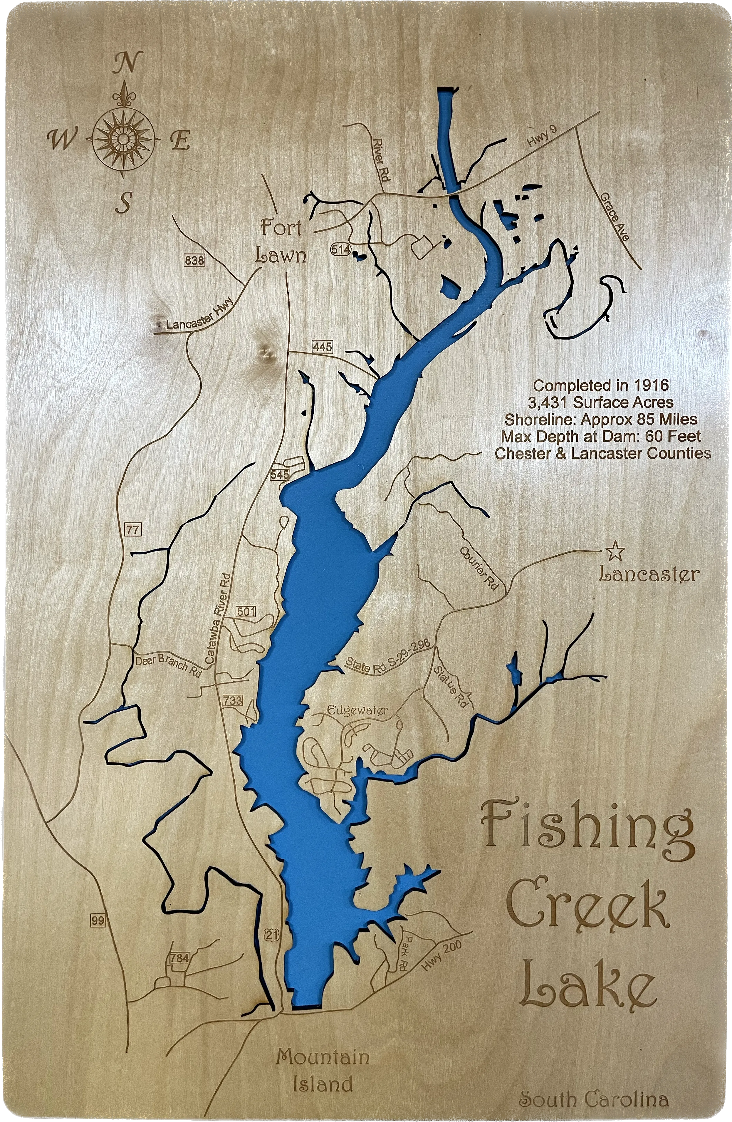 Fishing Creek Lake, South Carolina - Laser Engraved Wood Map Overflow Sale Special