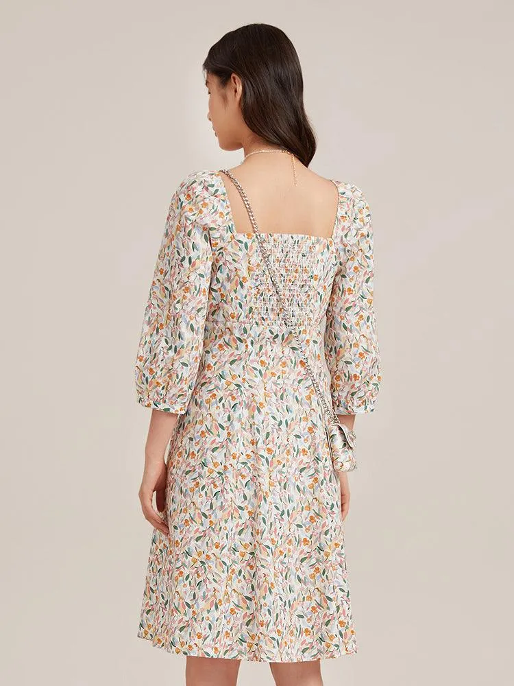 Floral Square Neck Mini Dress With Chain Pouch