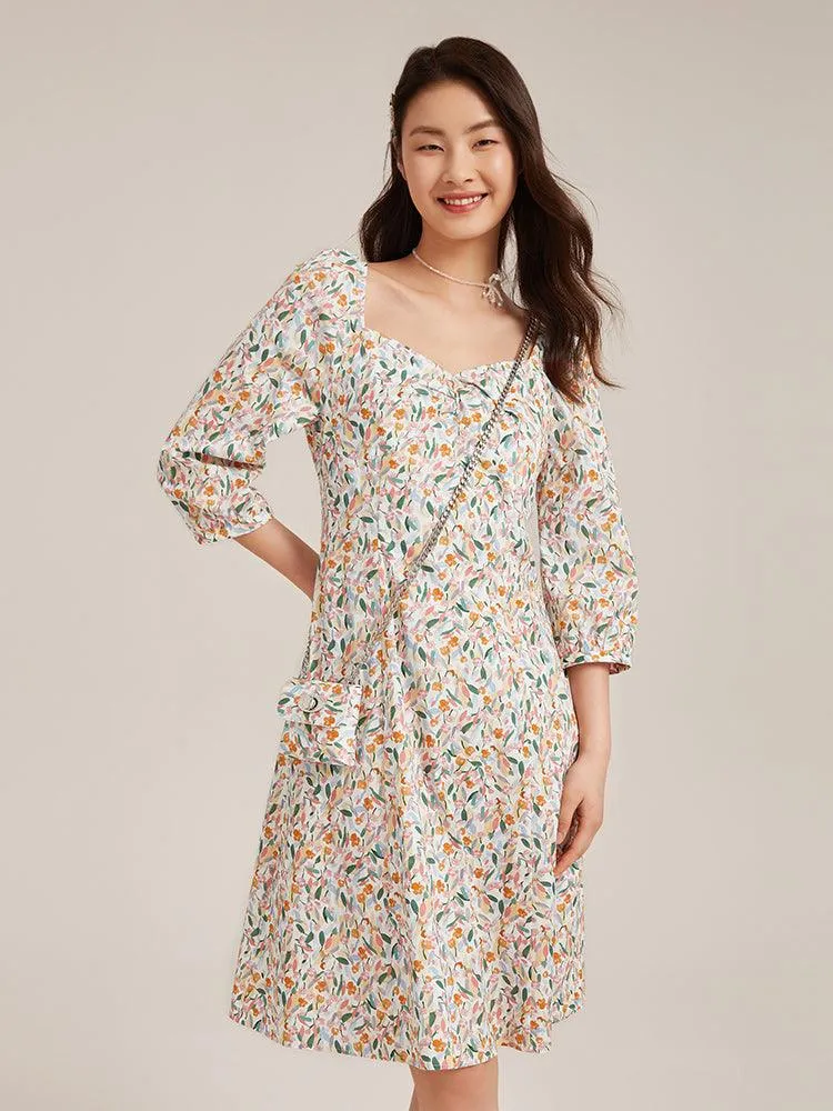 Floral Square Neck Mini Dress With Chain Pouch