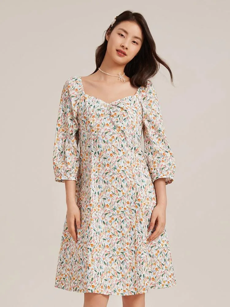Floral Square Neck Mini Dress With Chain Pouch
