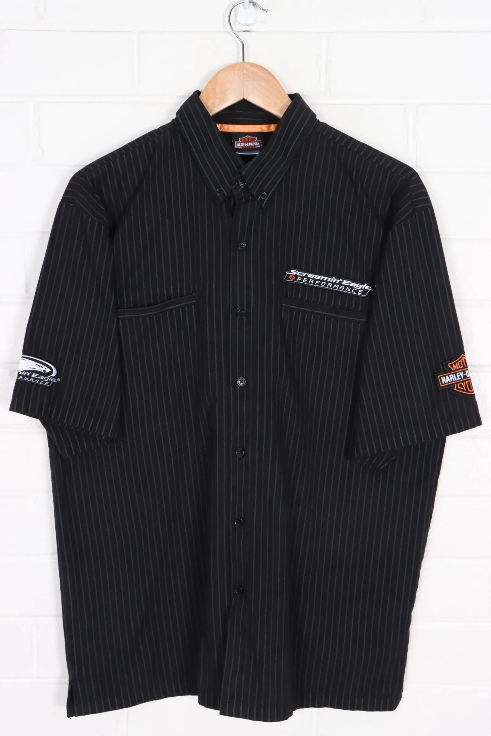 HARLEY DAVIDSON "Screamin Eagle" Pin Stripe Short Sleeve Shirt (L)
