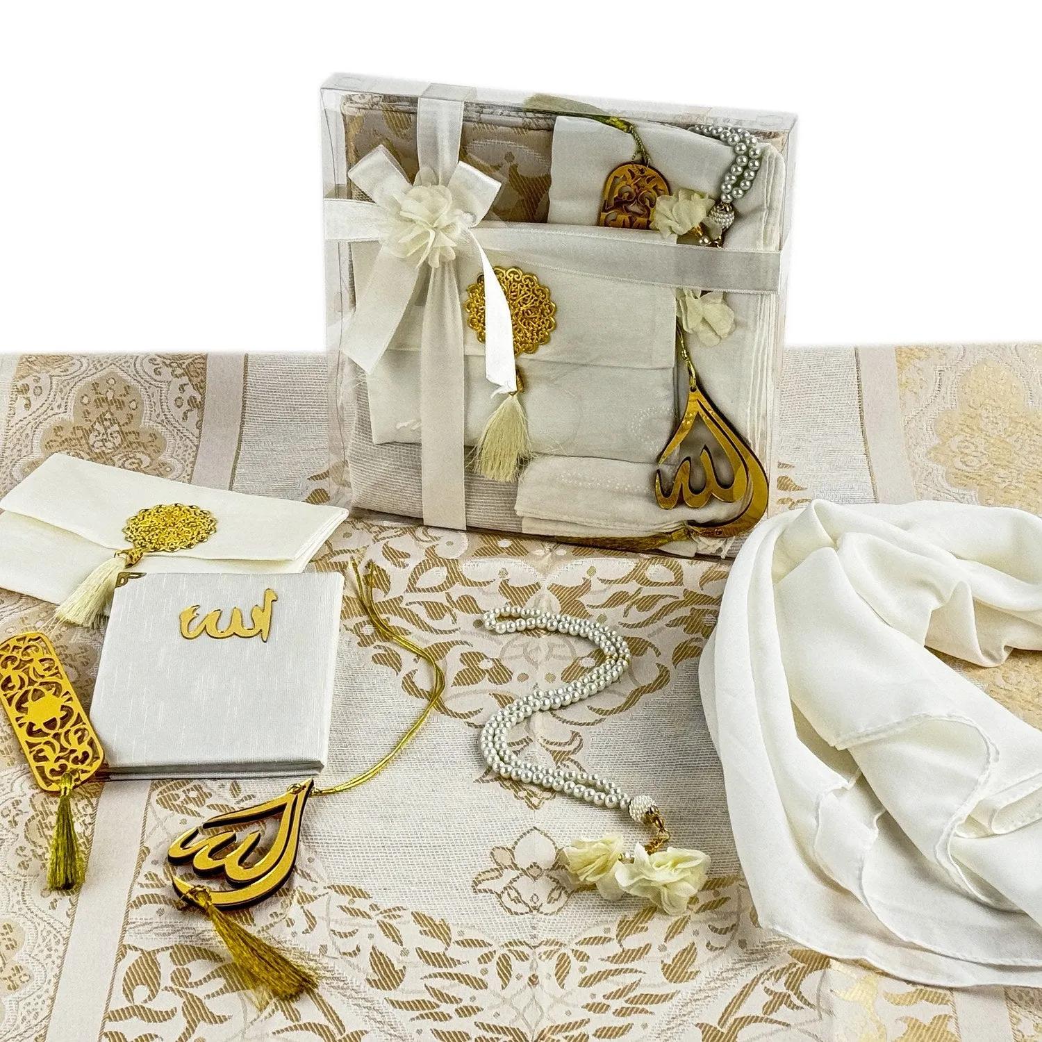 Islamic Prayer Rug Mat, Cream Color Prayer Set - Muslim Gift