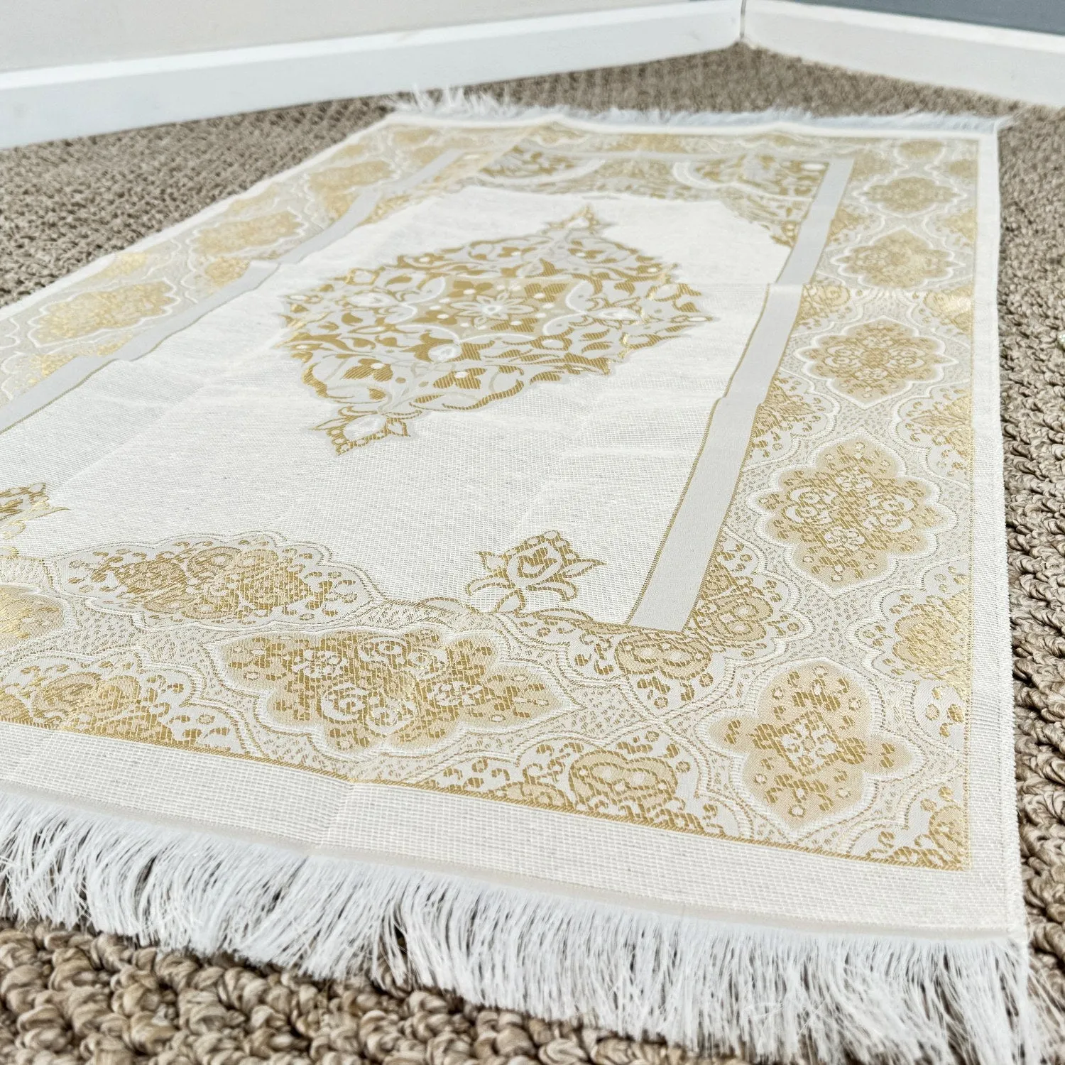 Islamic Prayer Rug Mat, Cream Color Prayer Set - Muslim Gift