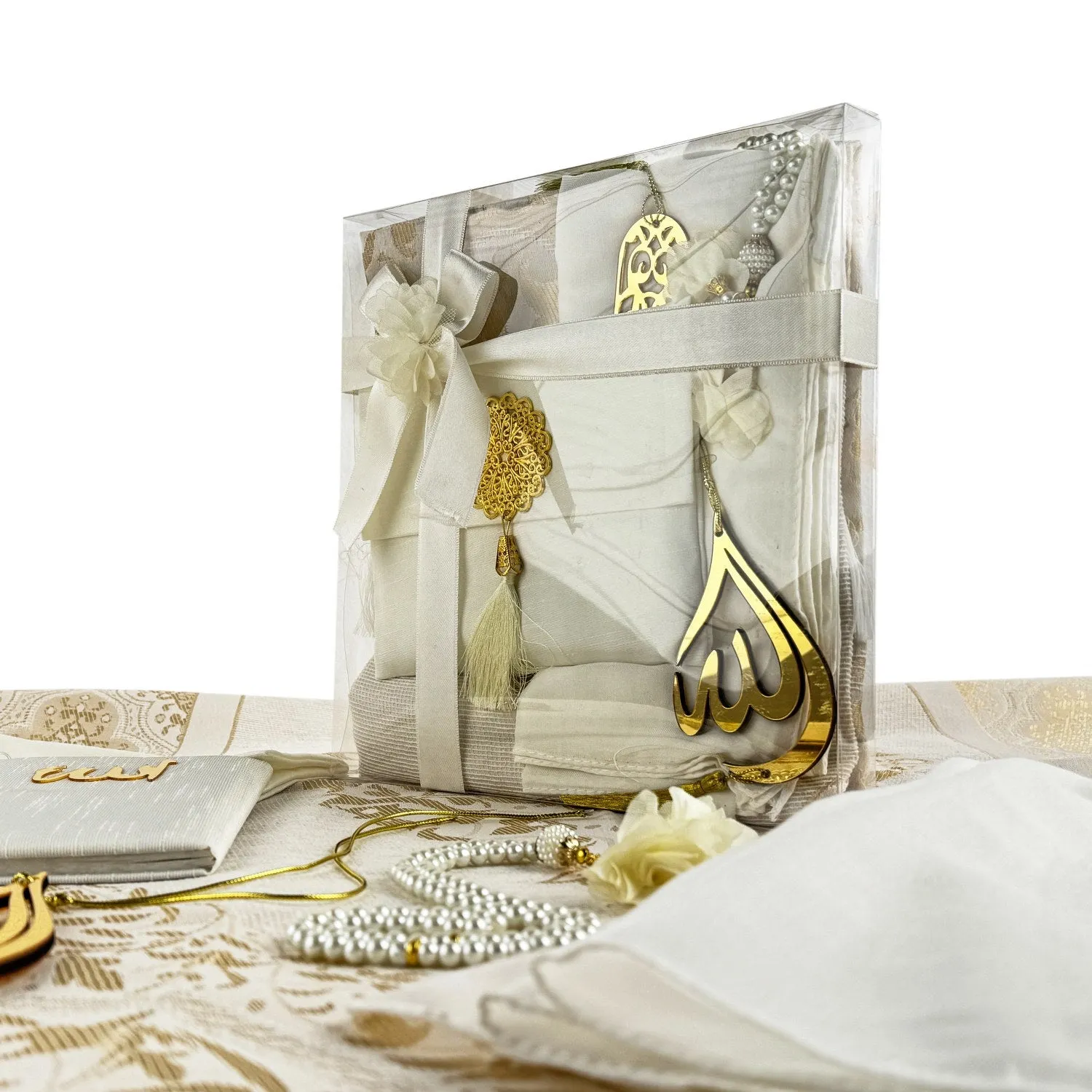 Islamic Prayer Rug Mat, Cream Color Prayer Set - Muslim Gift