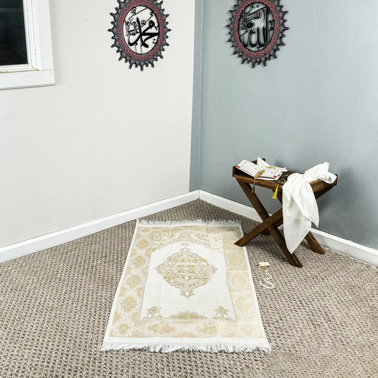 Islamic Prayer Rug Mat, Cream Color Prayer Set - Muslim Gift
