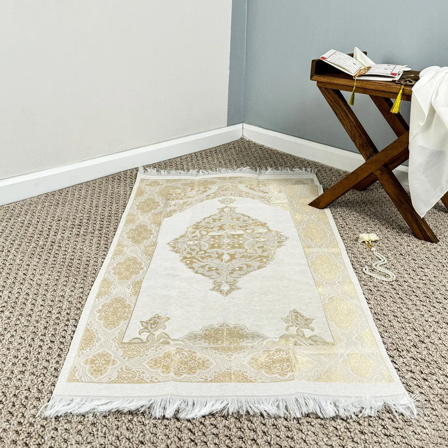 Islamic Prayer Rug Mat, Cream Color Prayer Set - Muslim Gift
