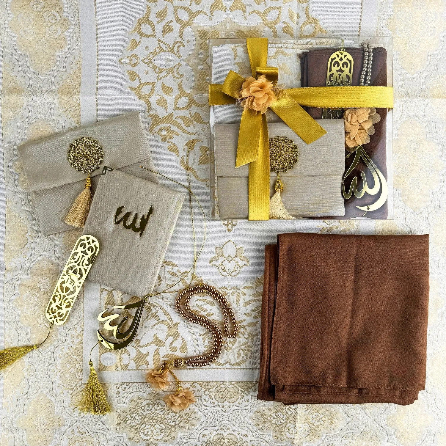 Islamic Prayer Rug Mat, Cream Color Prayer Set - Muslim Gift