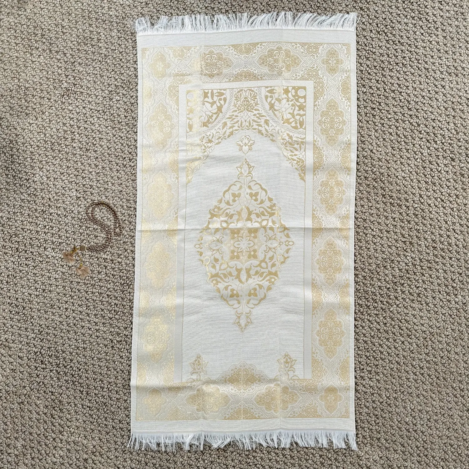 Islamic Prayer Rug Mat, Cream Color Prayer Set - Muslim Gift
