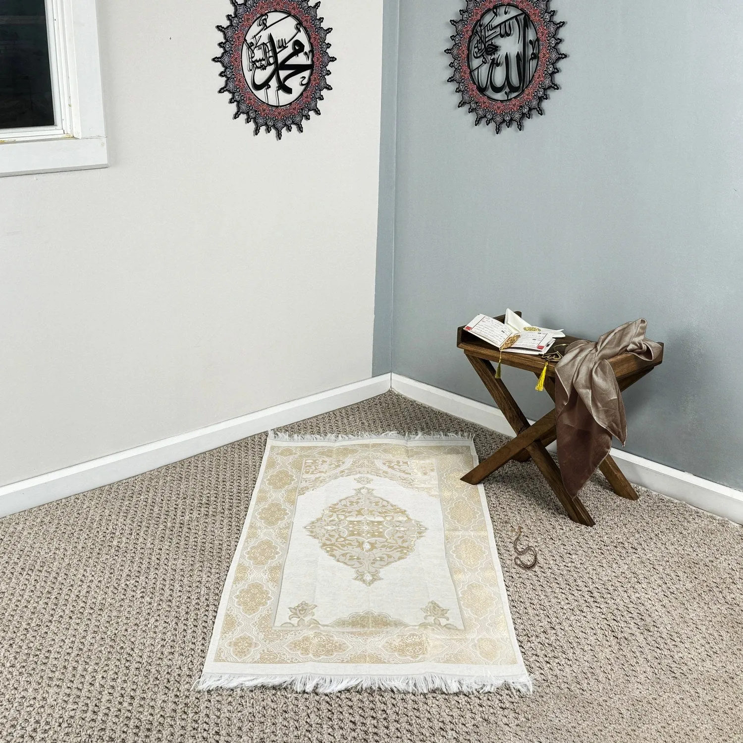 Islamic Prayer Rug Mat, Cream Color Prayer Set - Muslim Gift