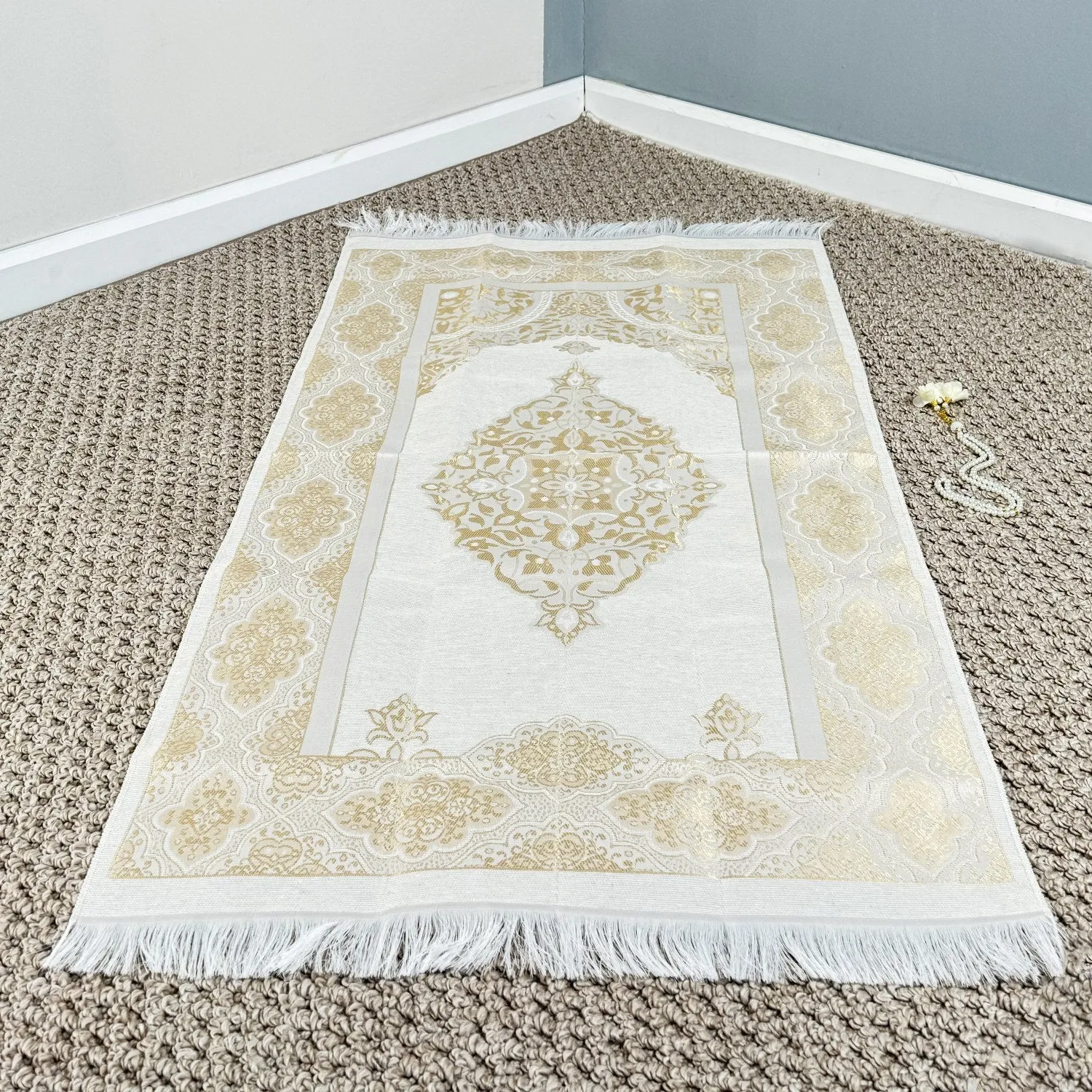 Islamic Prayer Rug Mat, Cream Color Prayer Set - Muslim Gift