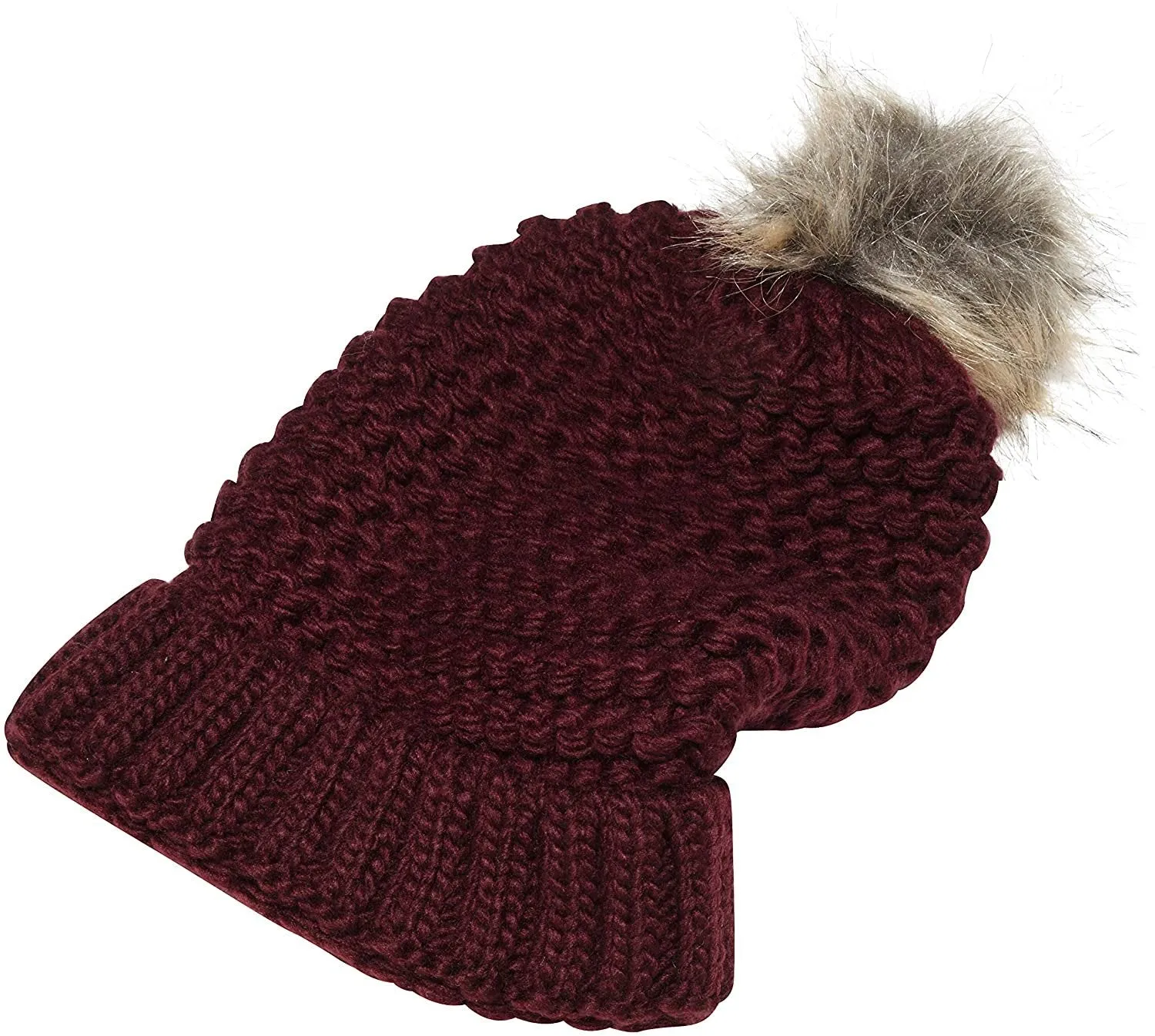 NYC Underground Soft Purl Knit Beanie Hat with Faux Fuzzy Fur Pom Warm Chunky Fall Winter Slouchy Lined Skull Cap Cuff