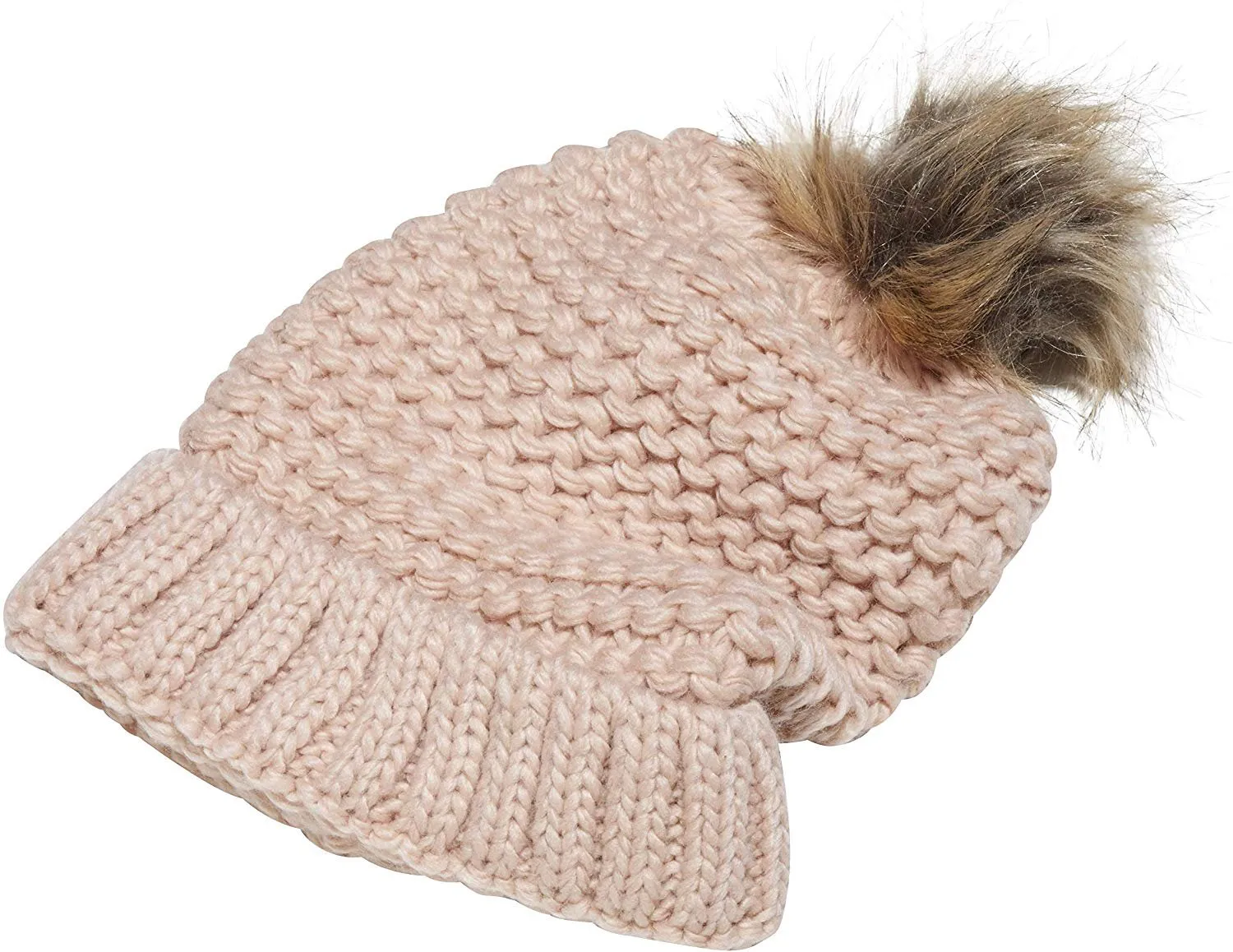 NYC Underground Soft Purl Knit Beanie Hat with Faux Fuzzy Fur Pom Warm Chunky Fall Winter Slouchy Lined Skull Cap Cuff