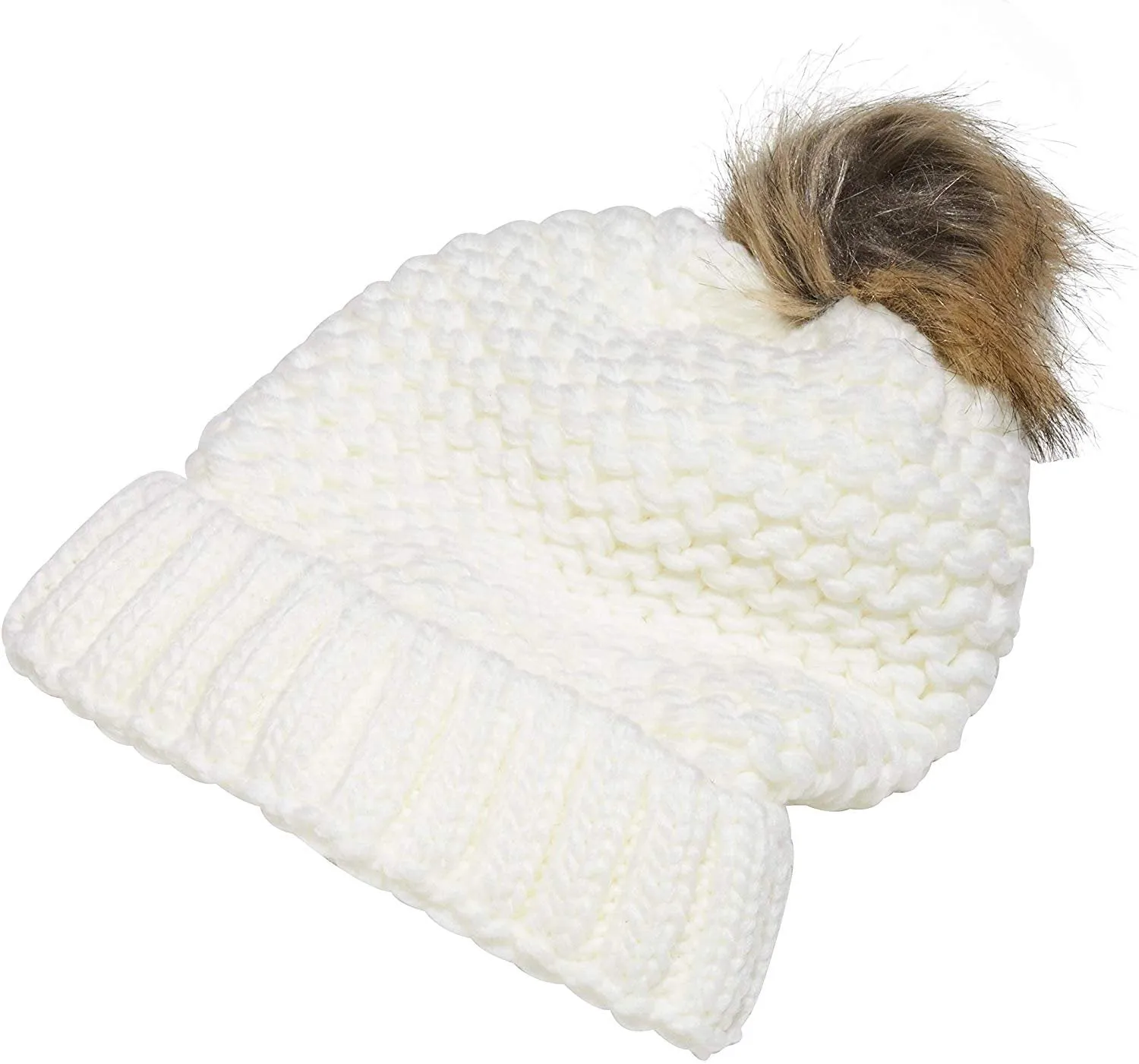 NYC Underground Soft Purl Knit Beanie Hat with Faux Fuzzy Fur Pom Warm Chunky Fall Winter Slouchy Lined Skull Cap Cuff