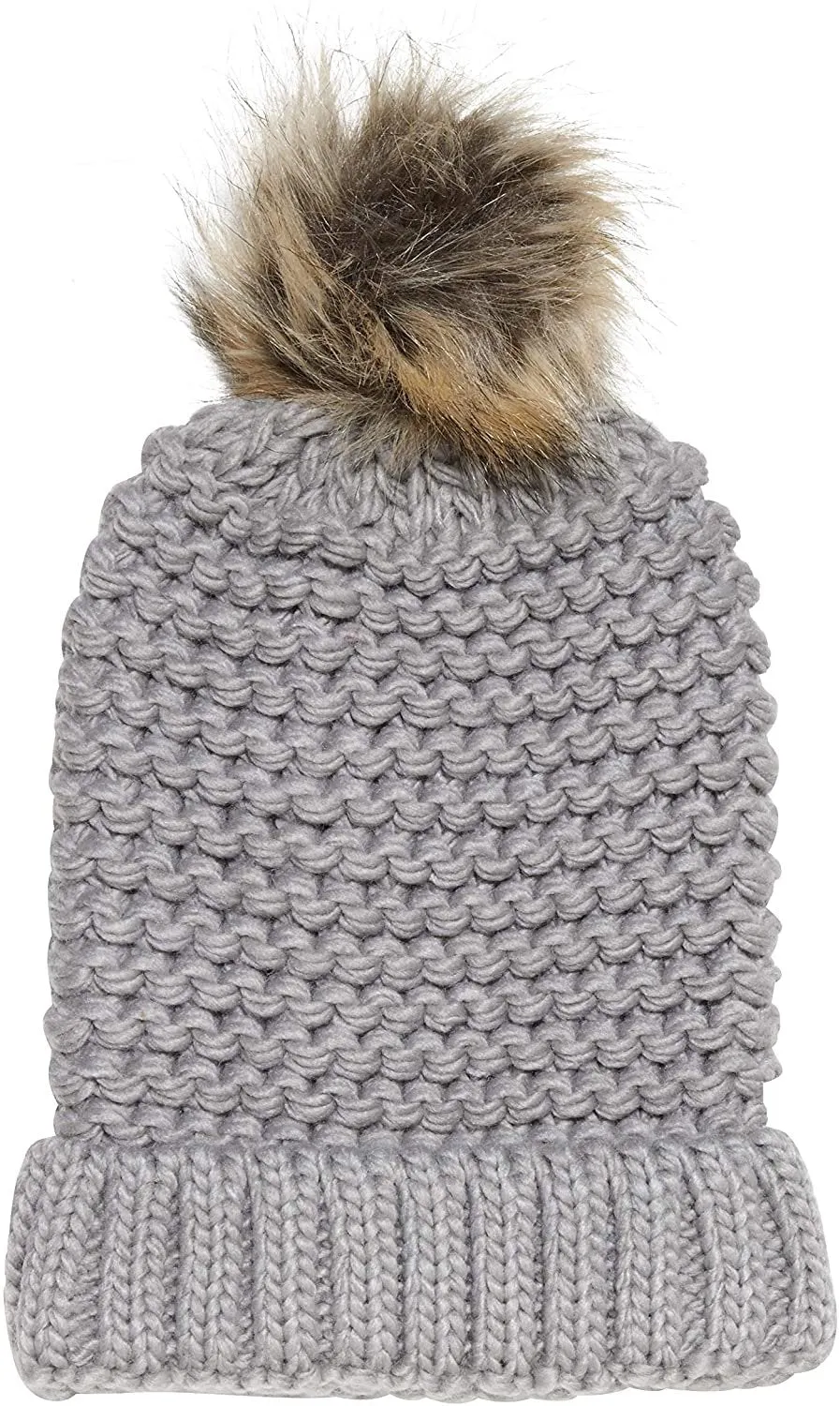 NYC Underground Soft Purl Knit Beanie Hat with Faux Fuzzy Fur Pom Warm Chunky Fall Winter Slouchy Lined Skull Cap Cuff