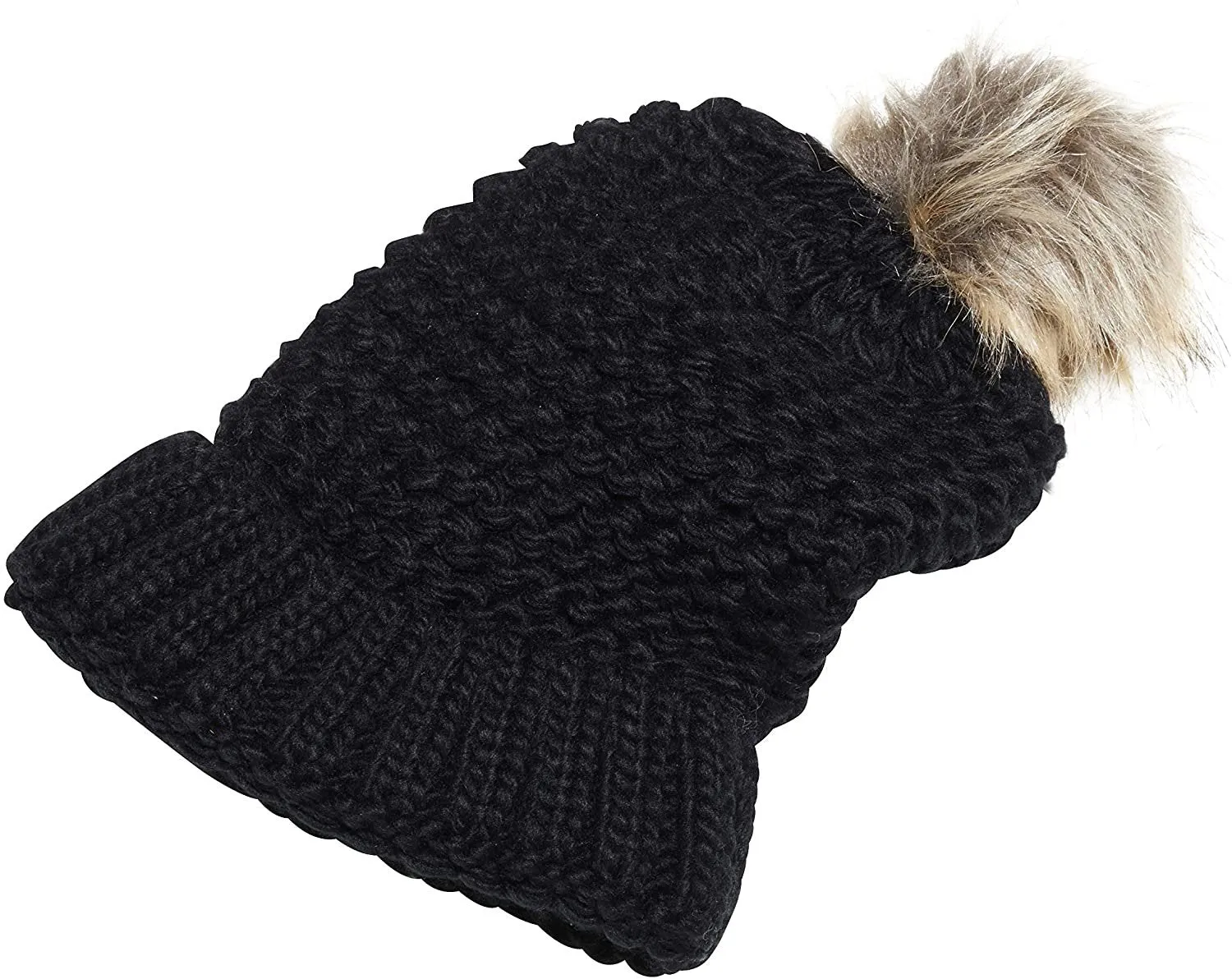 NYC Underground Soft Purl Knit Beanie Hat with Faux Fuzzy Fur Pom Warm Chunky Fall Winter Slouchy Lined Skull Cap Cuff