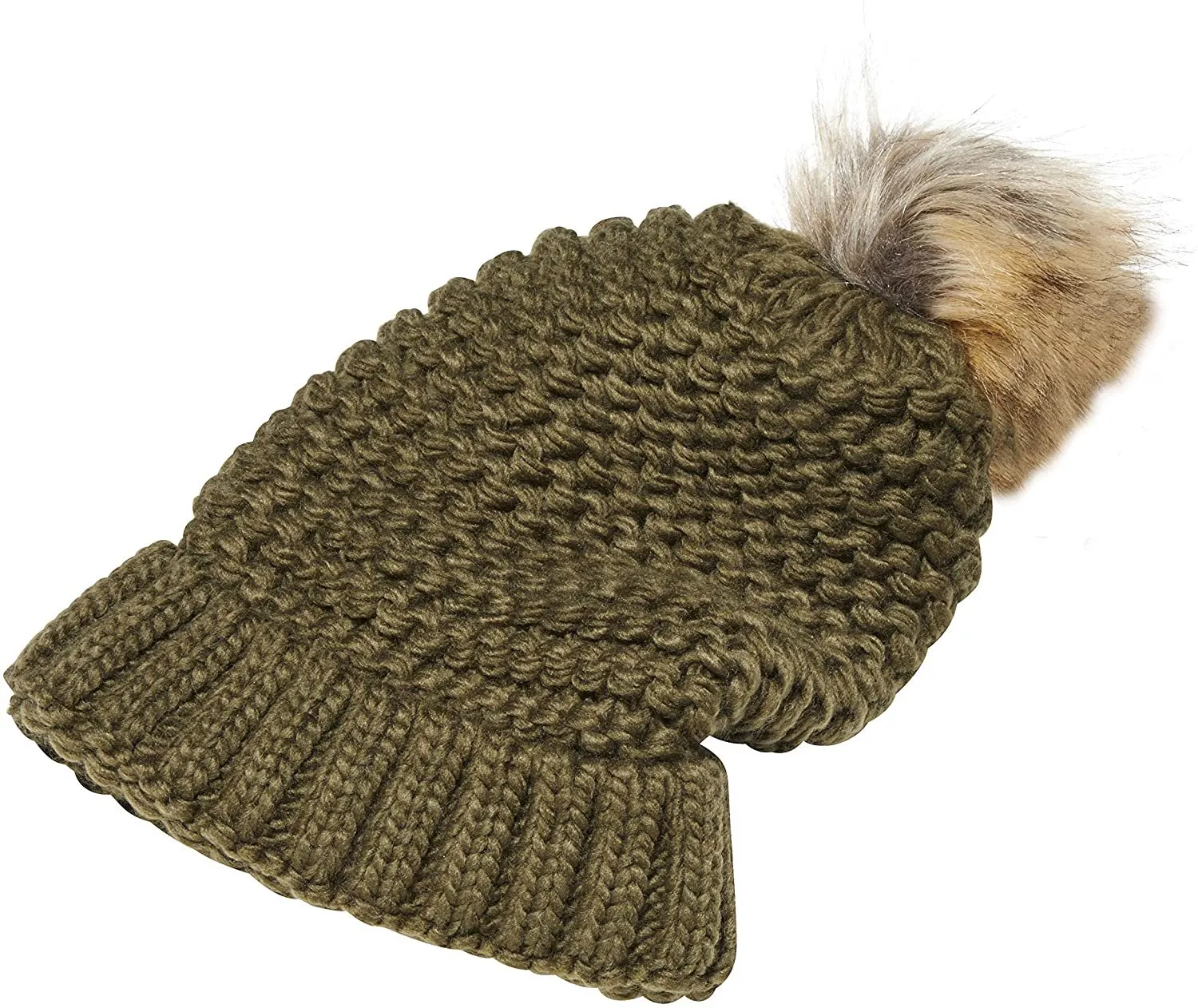 NYC Underground Soft Purl Knit Beanie Hat with Faux Fuzzy Fur Pom Warm Chunky Fall Winter Slouchy Lined Skull Cap Cuff