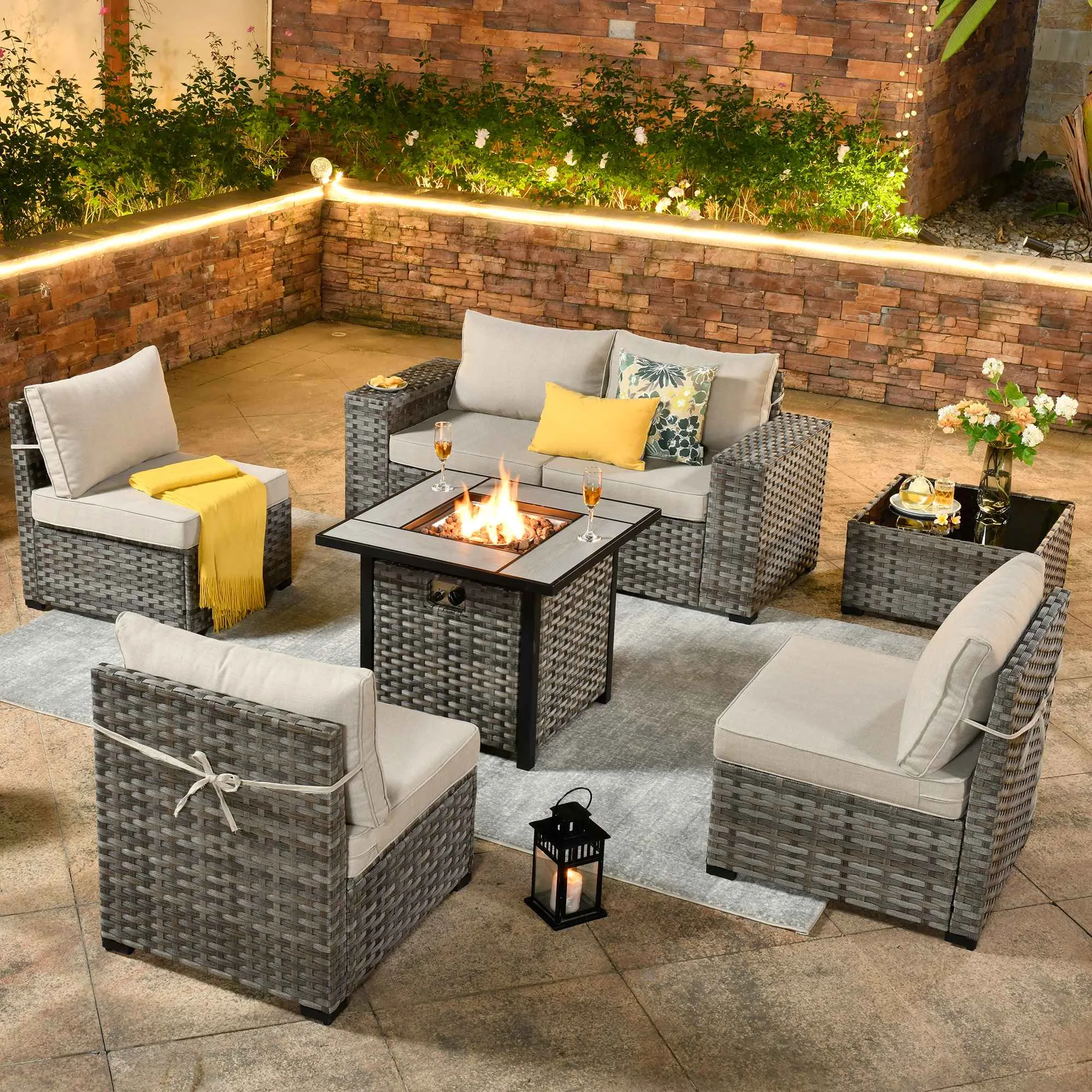 Ovios 7 Pieces Patio Furniture Set with 7.68'' Broad Handrails and 30'' Fire Pit Table