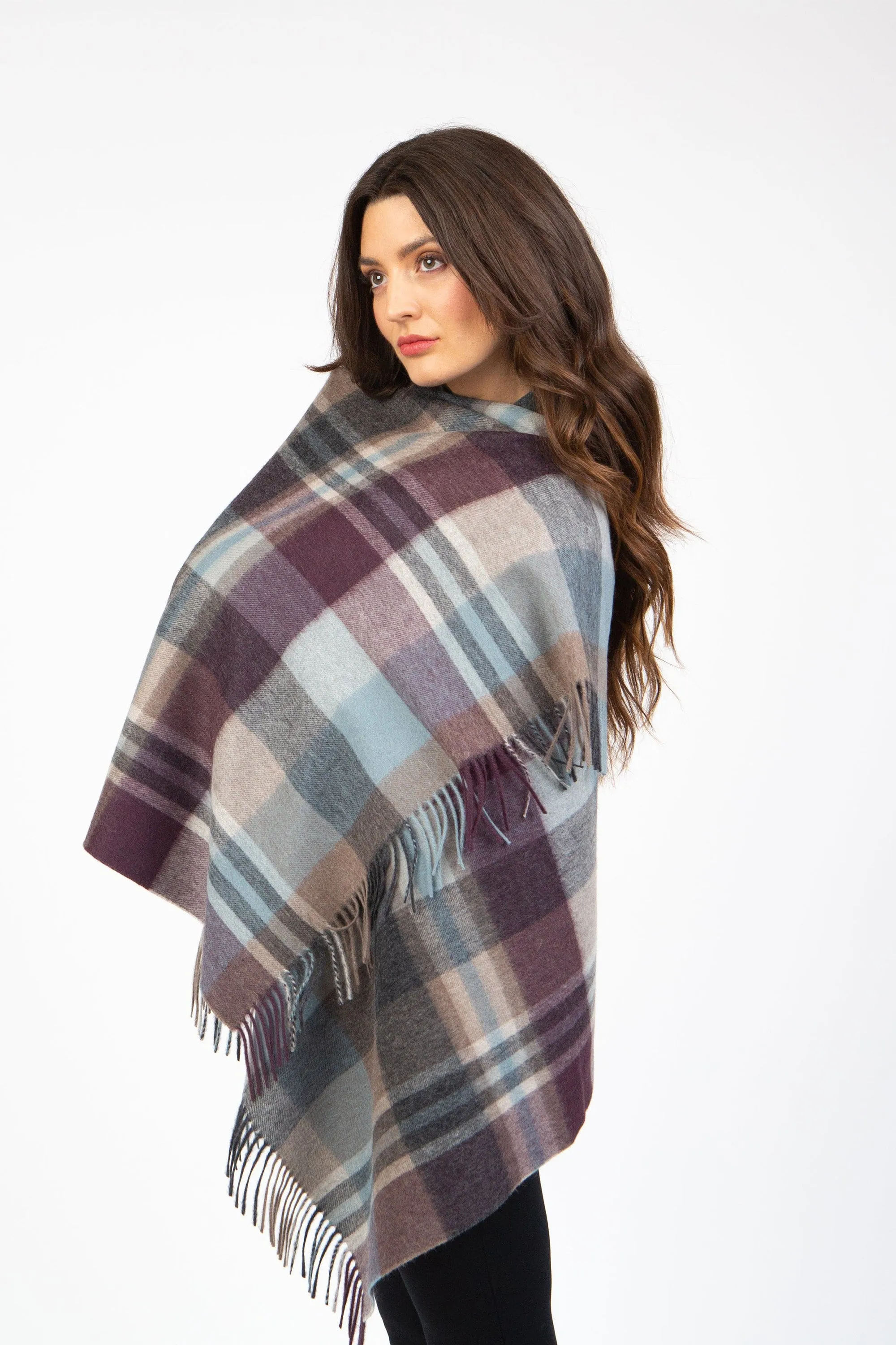 Square Check Lambswool Stole - Damson