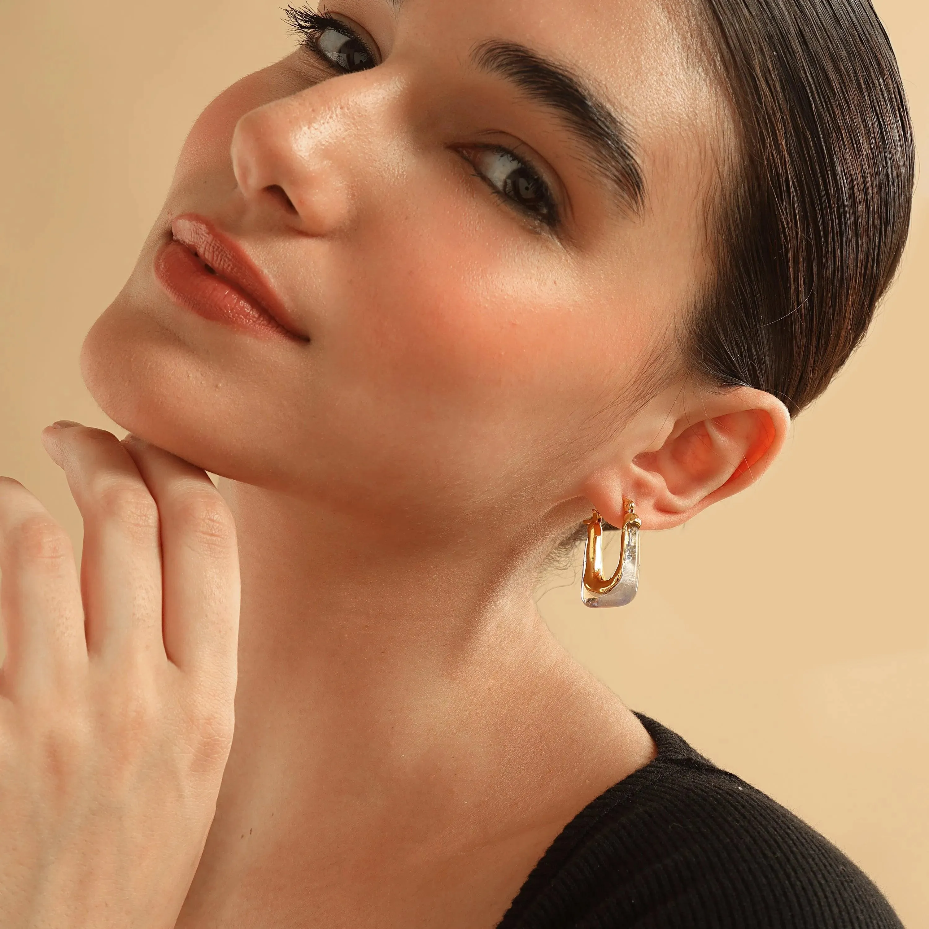 TFC Square Clear Blue Resin Gold Plated Hoop Earrings