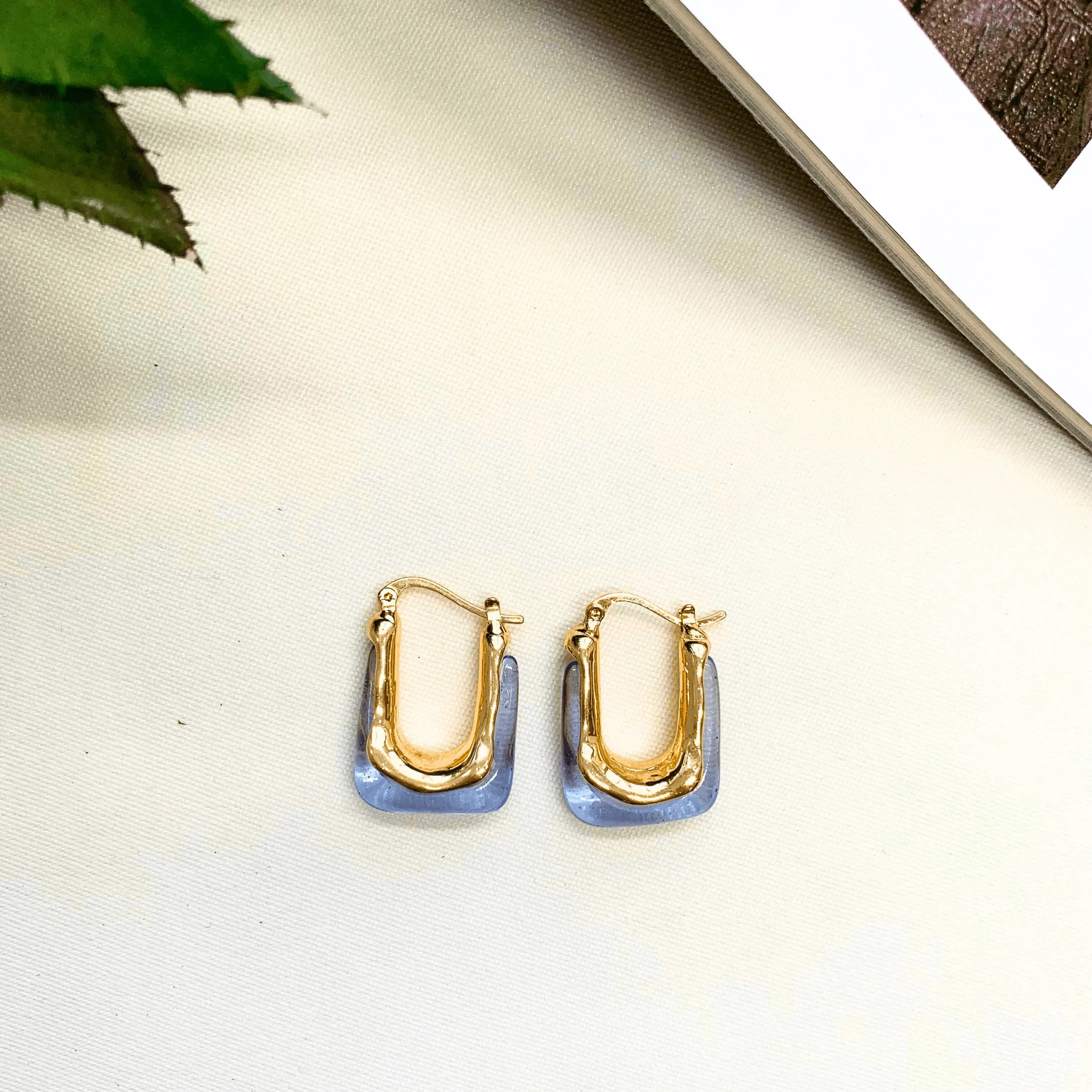 TFC Square Clear Blue Resin Gold Plated Hoop Earrings