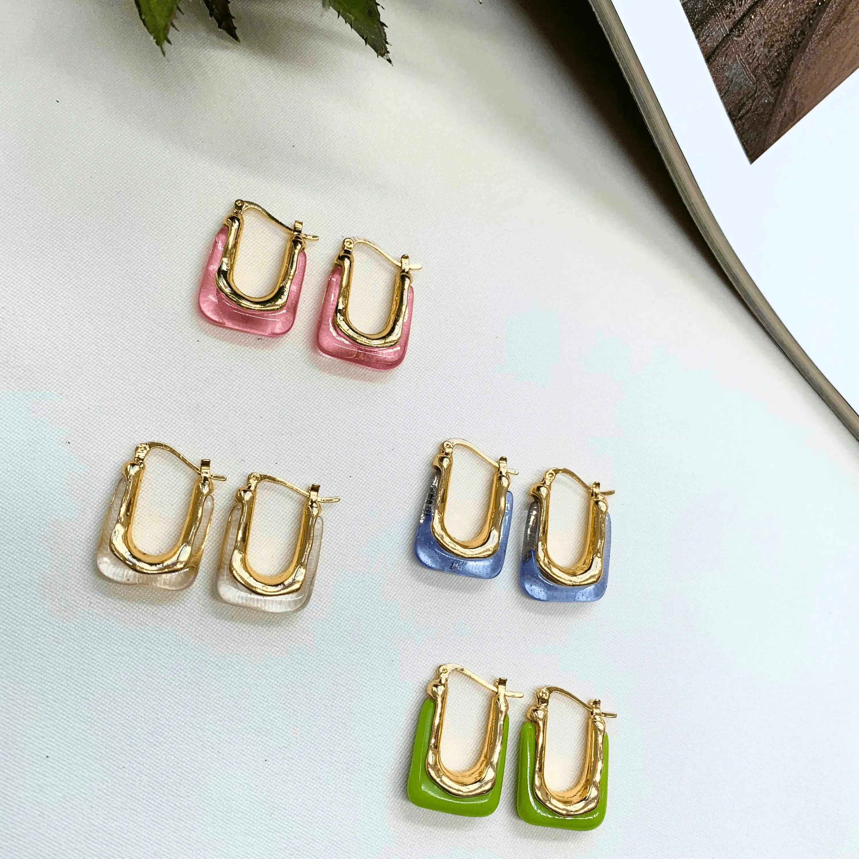 TFC Square Clear Blue Resin Gold Plated Hoop Earrings