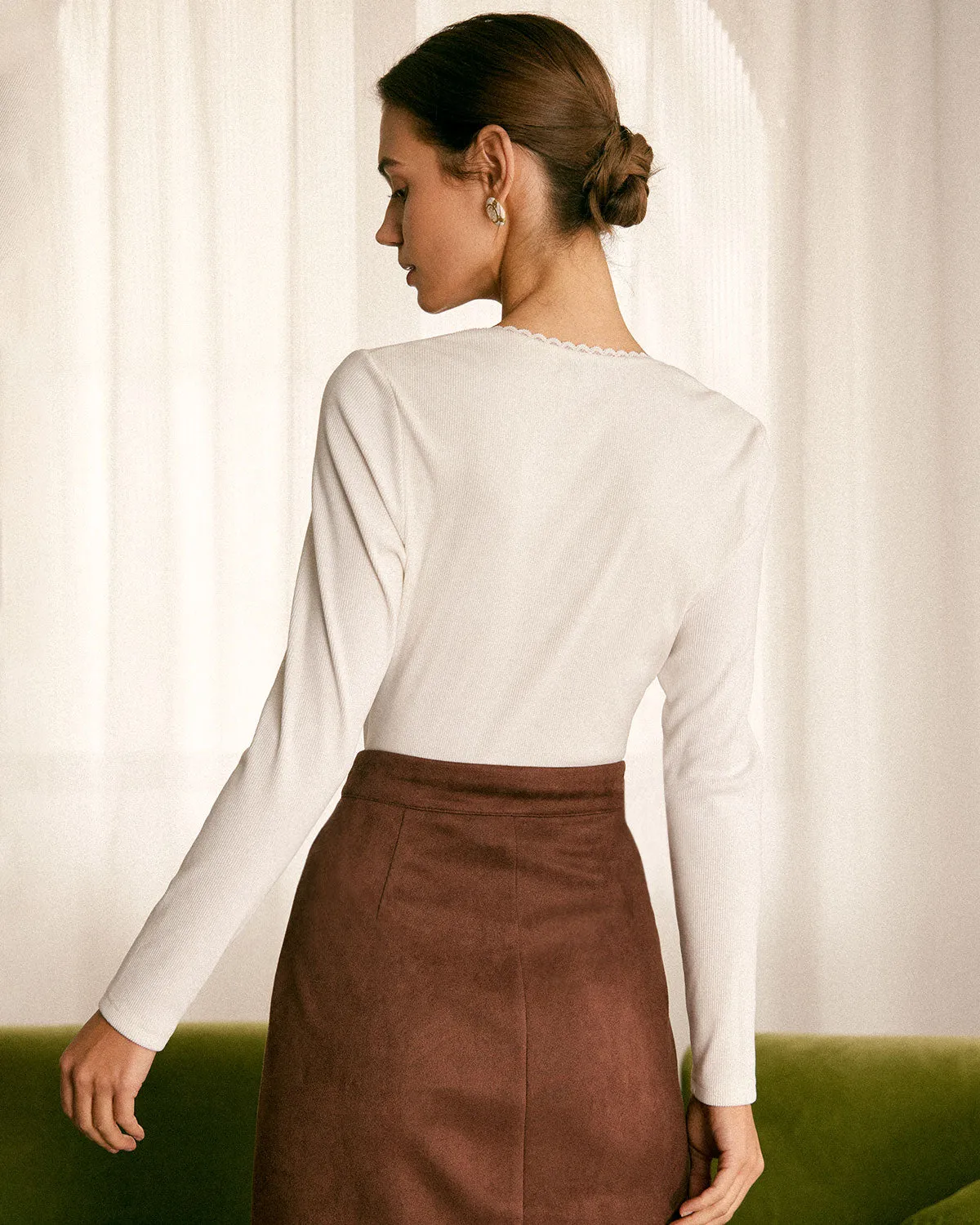 The White Square Neck Lace Trim Knit Top