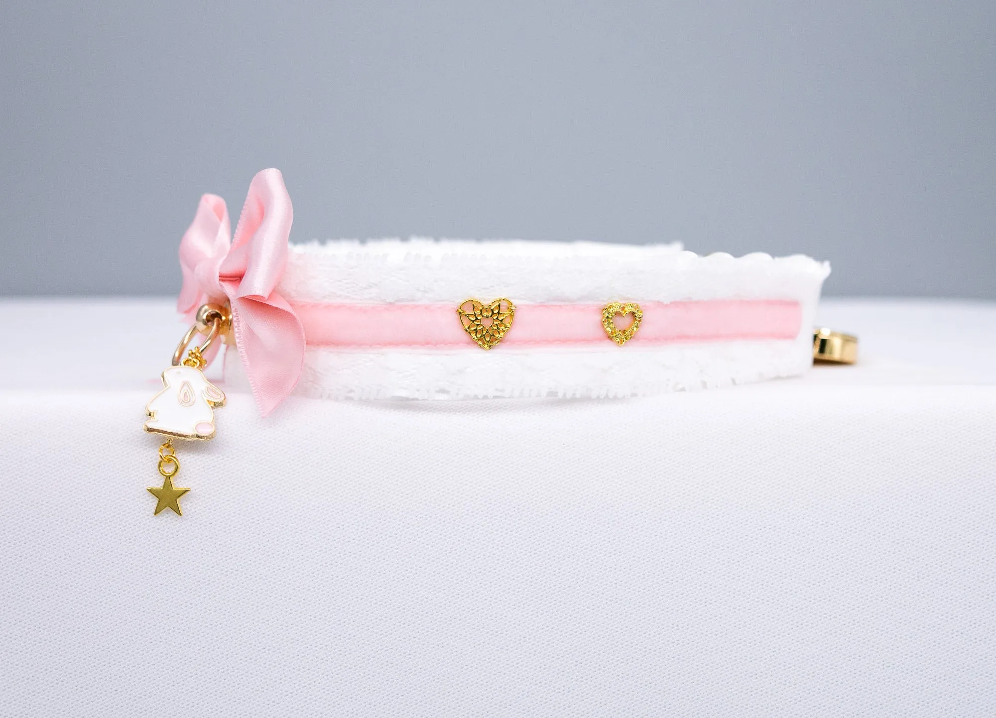 White, Pink Velvet and Gold Bunny Pet Play Collar