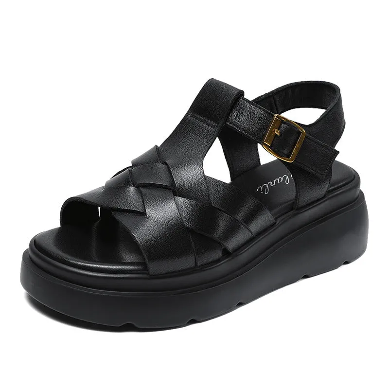 Women Summer Plaited Leather Casual Wedge Sandals