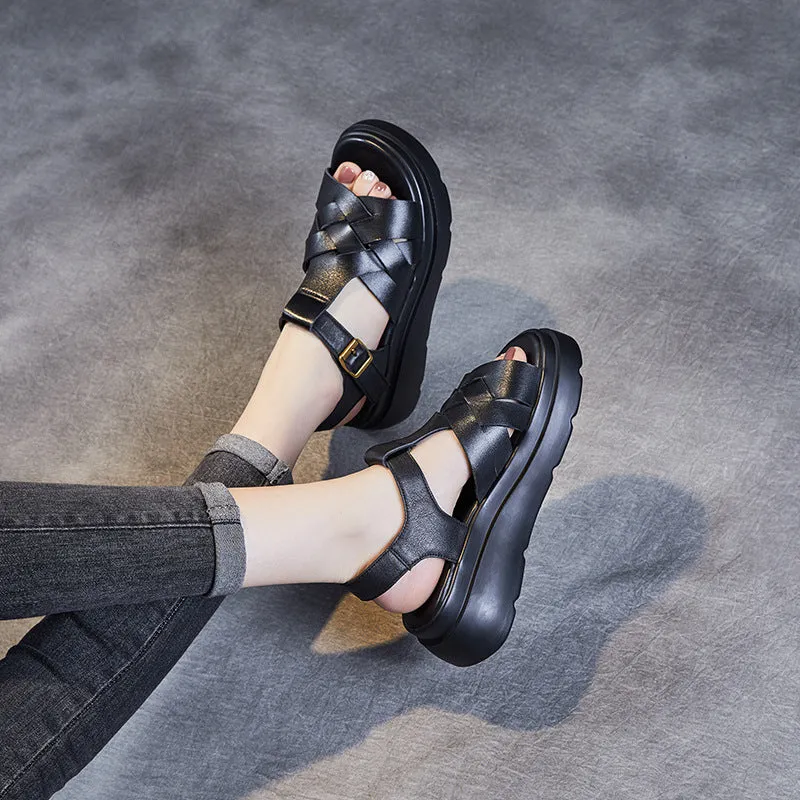Women Summer Plaited Leather Casual Wedge Sandals
