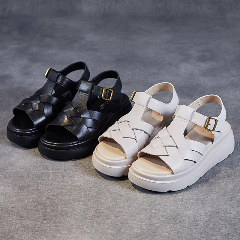 Women Summer Plaited Leather Casual Wedge Sandals