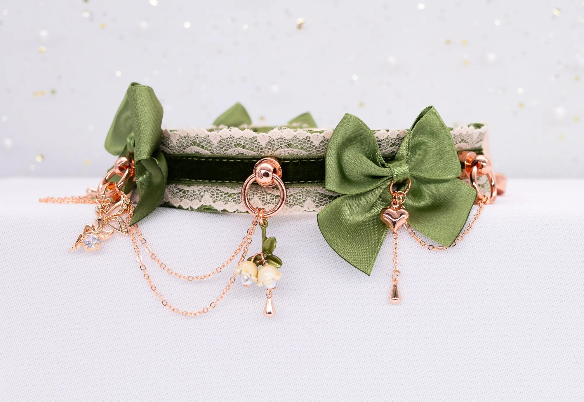 Woodland Fairy Sage Green Velvet and Rose Gold BDSM Collar