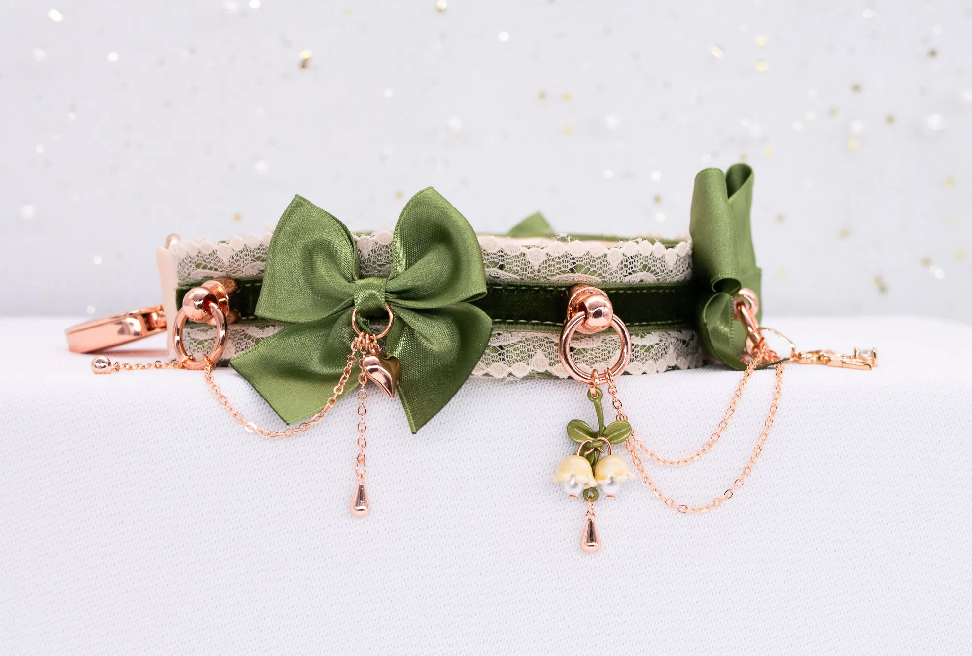 Woodland Fairy Sage Green Velvet and Rose Gold BDSM Collar