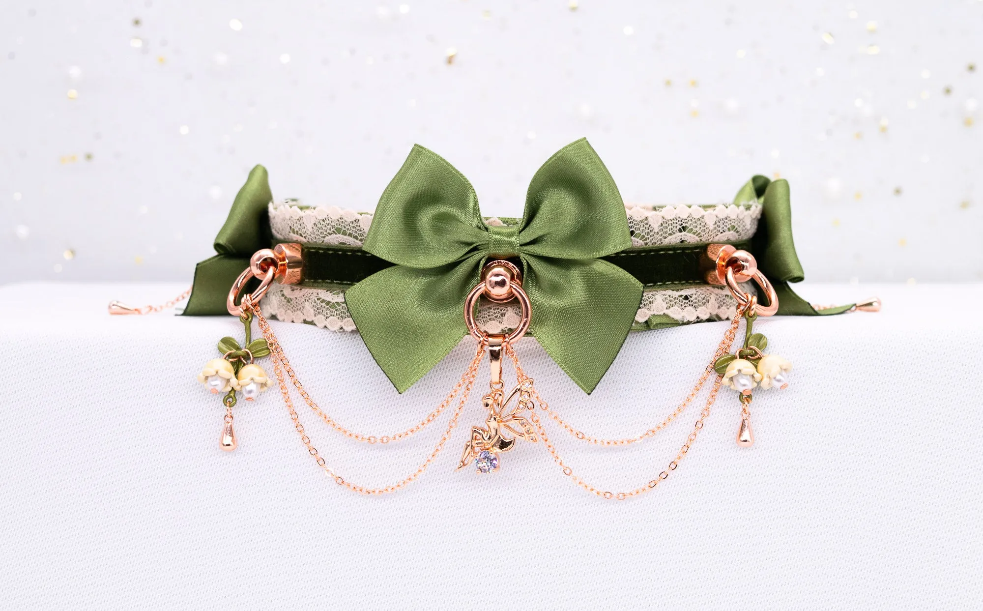 Woodland Fairy Sage Green Velvet and Rose Gold BDSM Collar