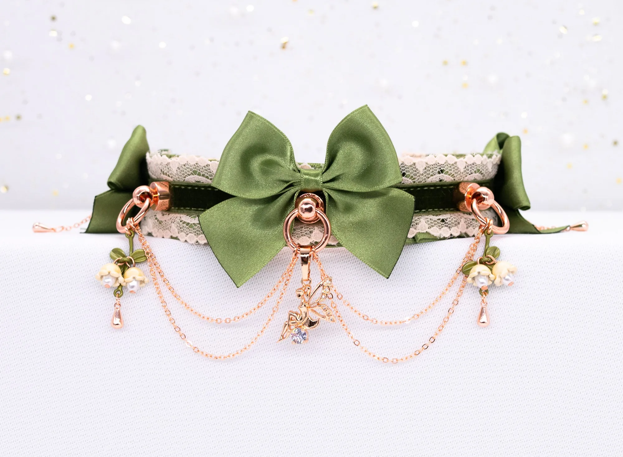 Woodland Fairy Sage Green Velvet and Rose Gold BDSM Collar